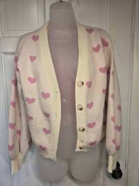 Cream and Pink Heart Cardigan Sweater - Women